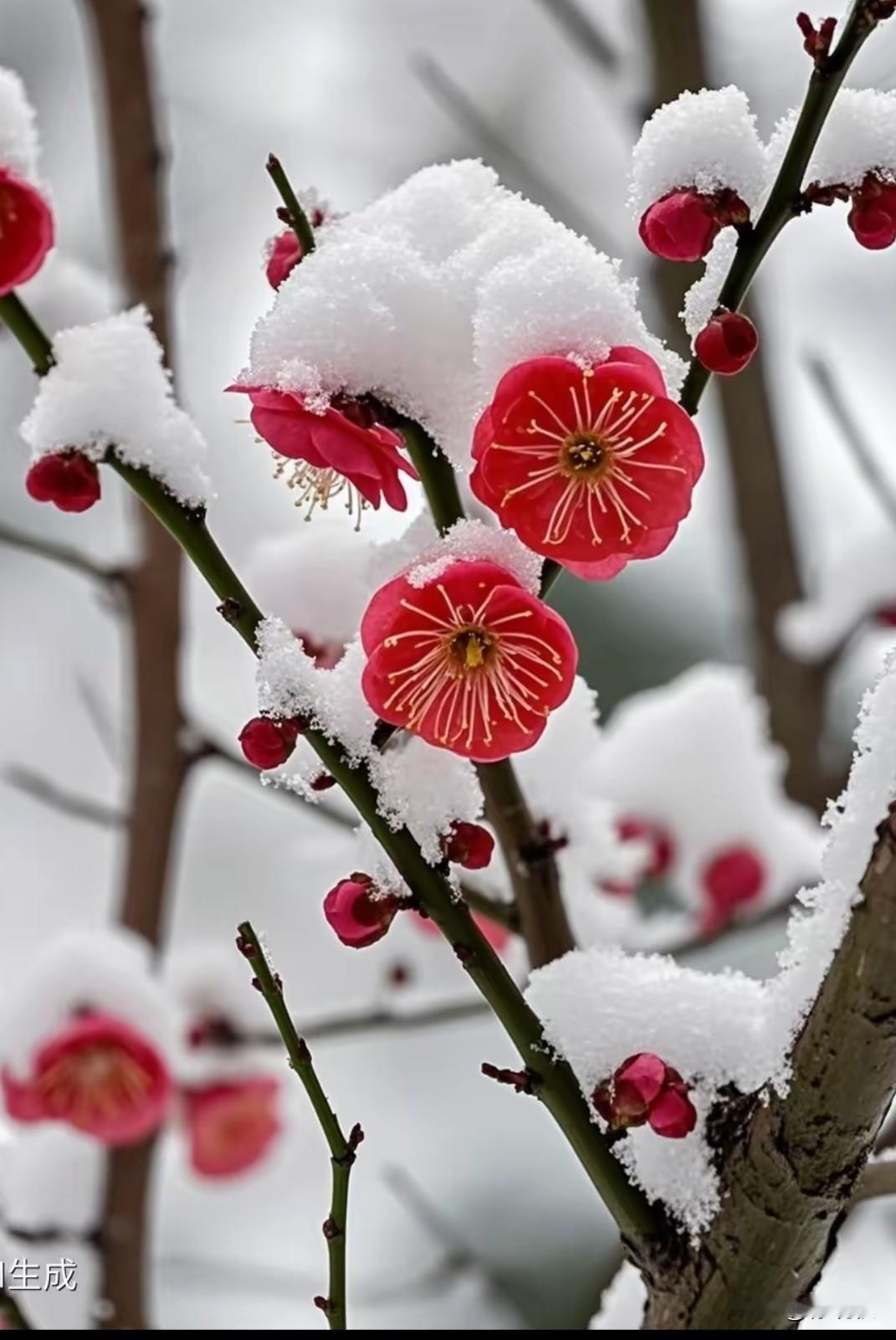 红梅爱雪雪不知，时至今日雪来迟。寒枝久立终得伴，相见恨晚久相思。