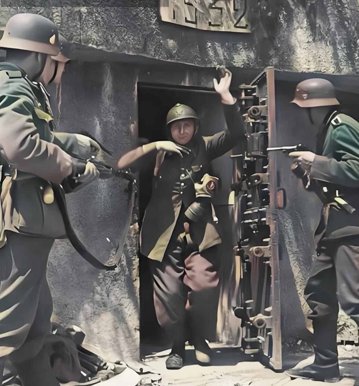 二战时期，法国士兵从坚固的地堡铁门里伸出白旗向德军投降。德军向他们喊话同意法军开