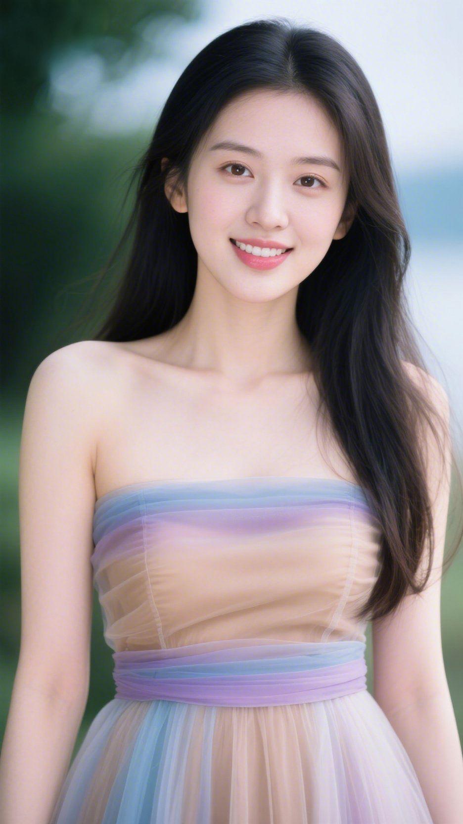 《纱裙伴柔风》郊野的风裹着草木的润意漫过身侧，她立在浅软的光影里，长发随轻