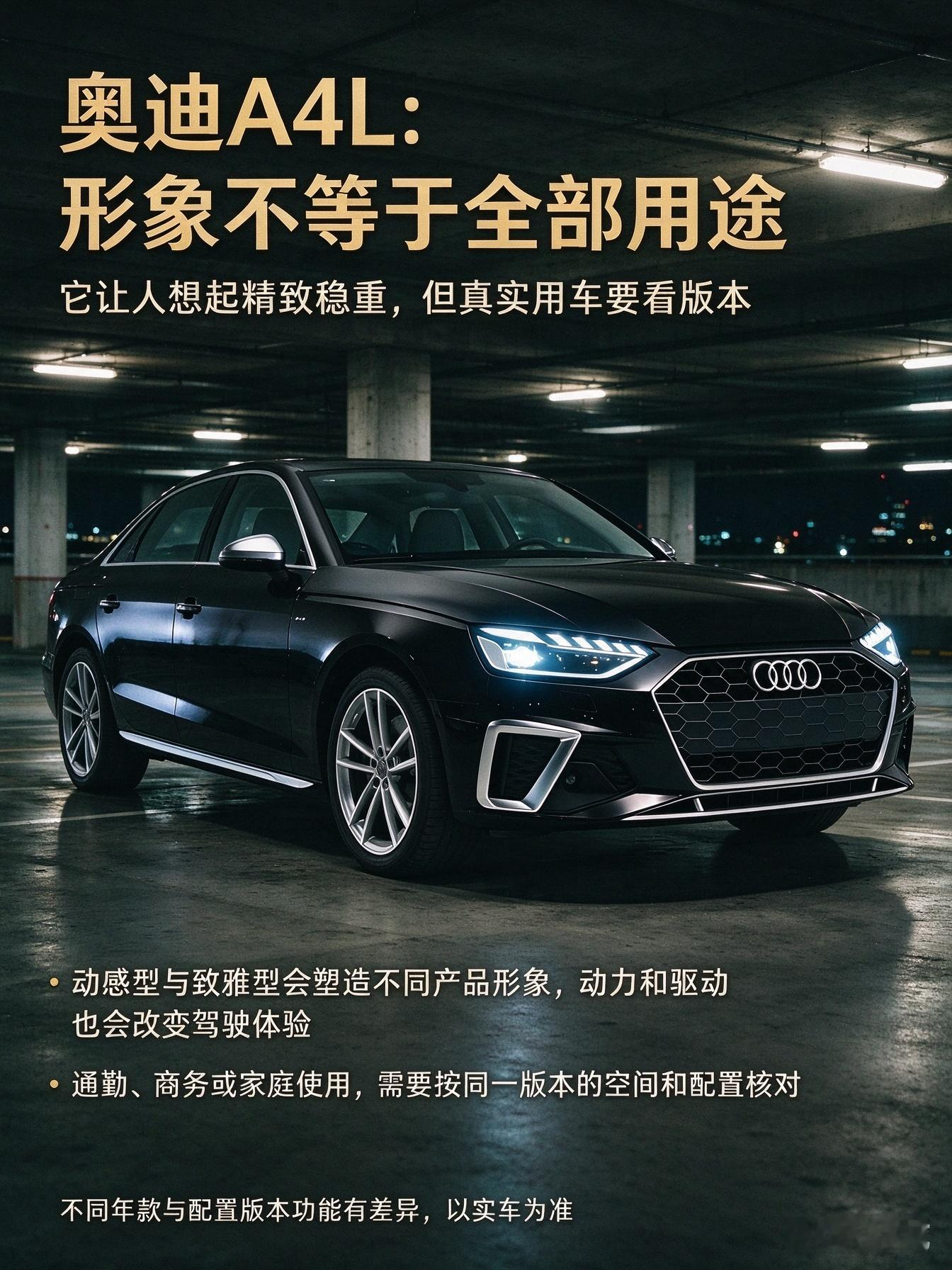 2026款奥迪A4L定位中型燃油轿车，搭载2.0T高低功率发动机，匹配7挡双离合变速箱，提供前驱与四