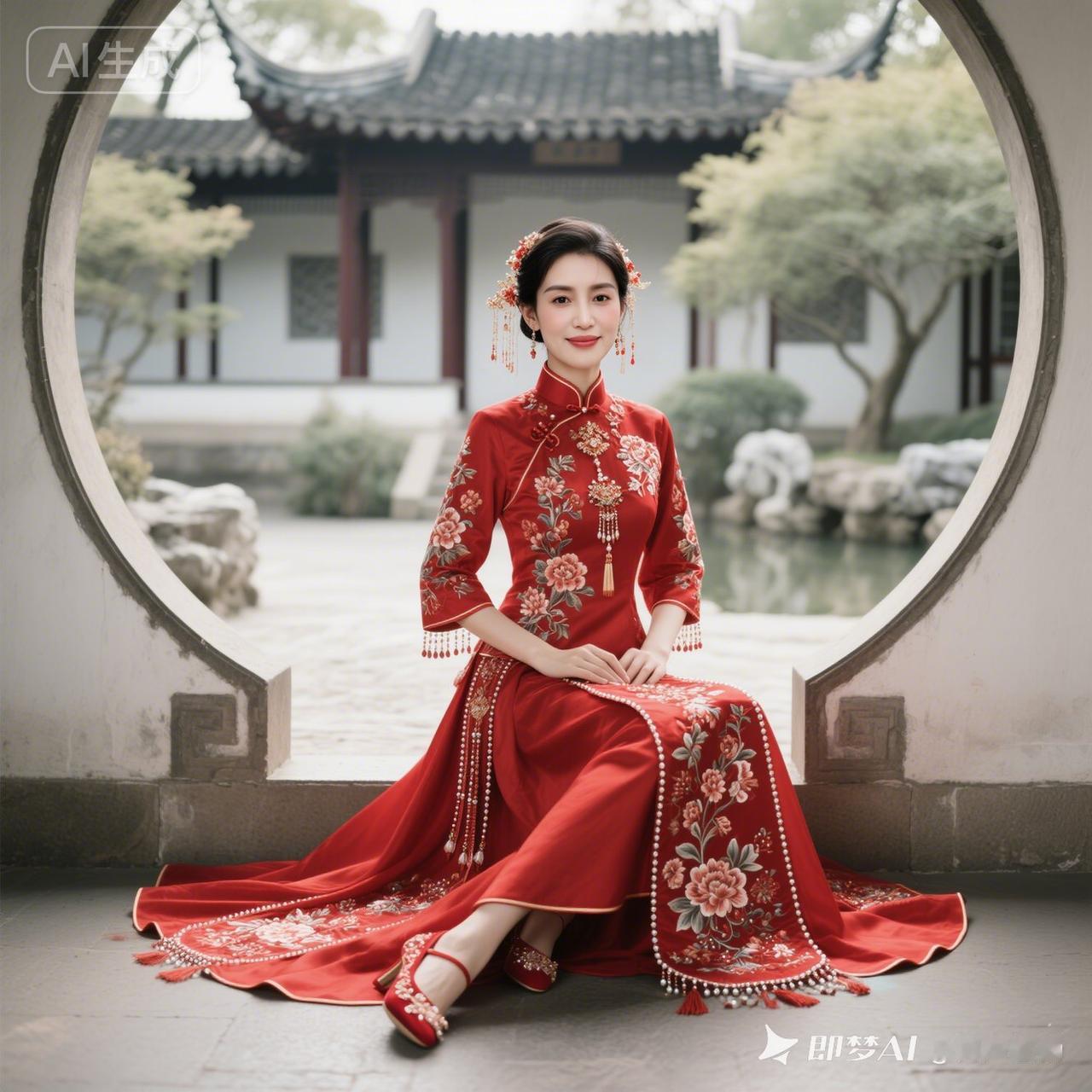 红衣美人坐庭院，古典韵味扑面来。