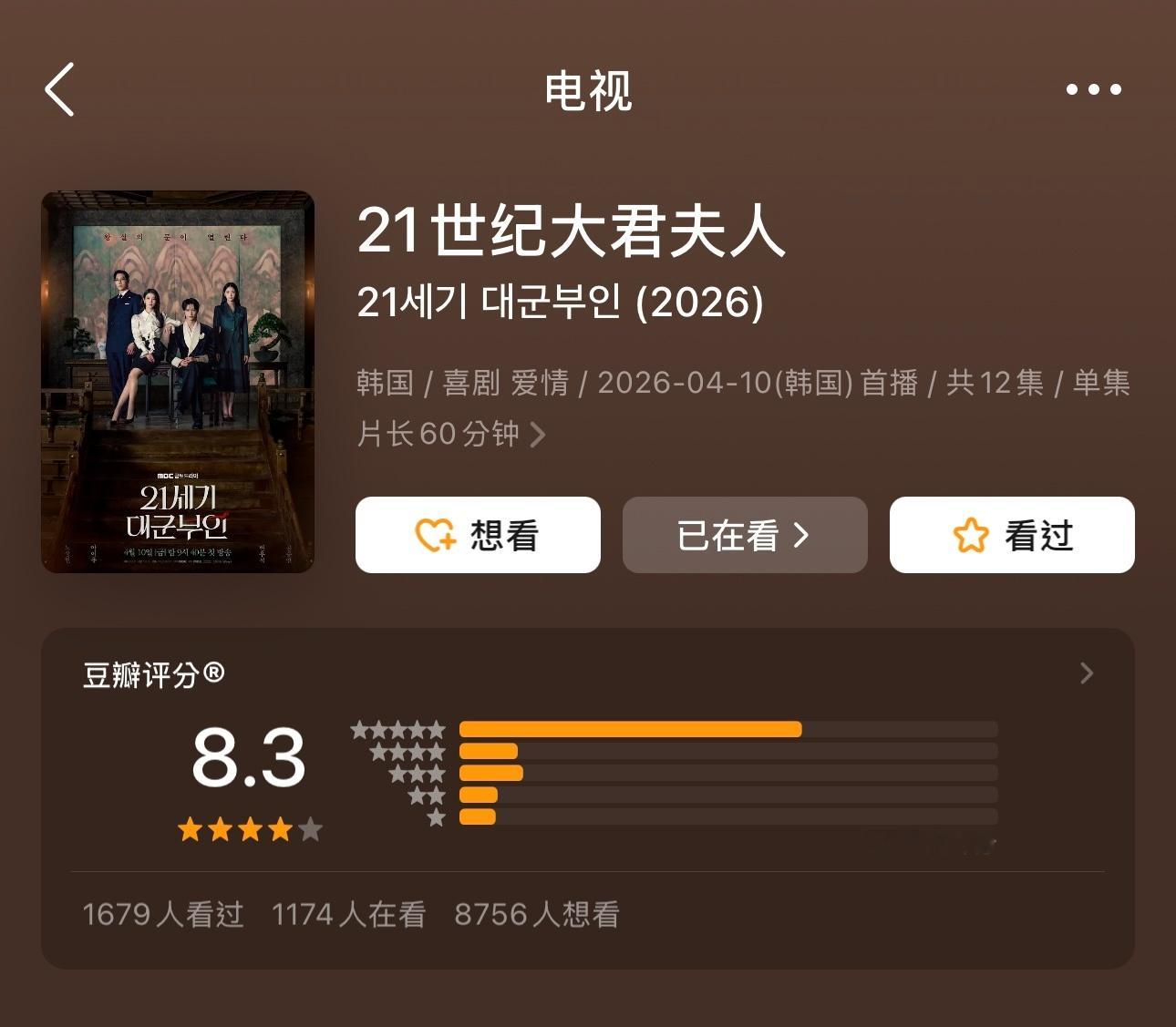 韩剧《21世纪大君夫人》豆瓣开分8.3～