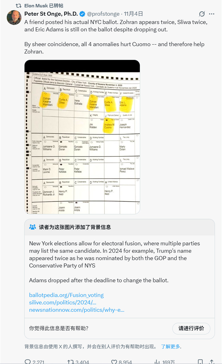 马姆达尼当选纽约市长，马斯克也破防了。转发了一个说选举是骗局的帖子，证据是马姆达