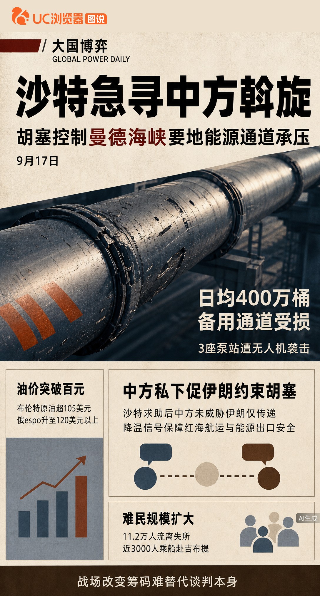 胡塞拿下曼德海峡要地，沙特输油管遇袭，转头向中方求助降温。据路透社报道，中方私下促伊朗发挥影响力，但