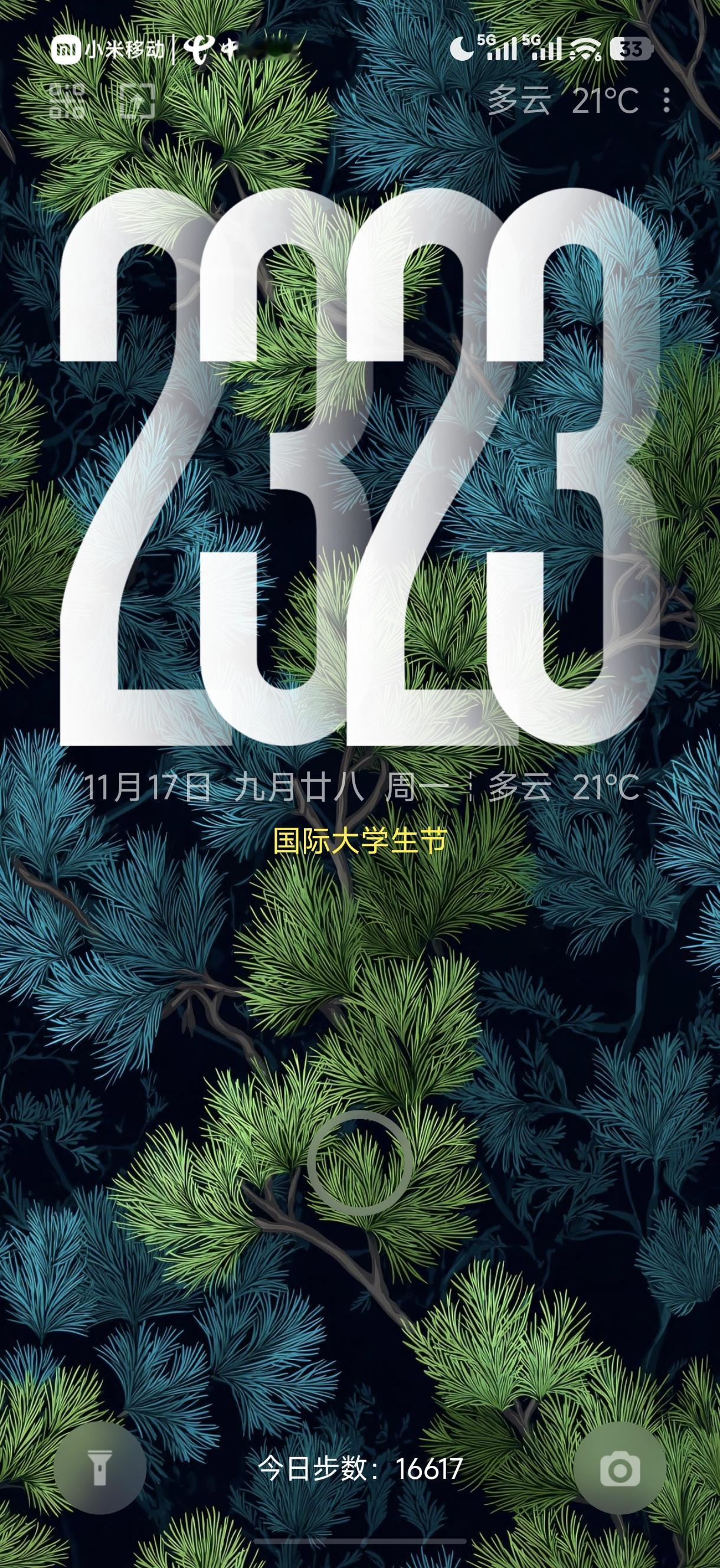 这壁纸配上“一时间”主题锁屏的叠影时钟挺有意思。松枝穿透到时钟里面，时钟叠加到