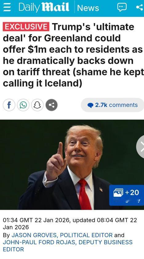 特朗普给欧洲和格陵兰岛开出最后的条件，第1，格陵兰岛居民，每一个人都可以得到10