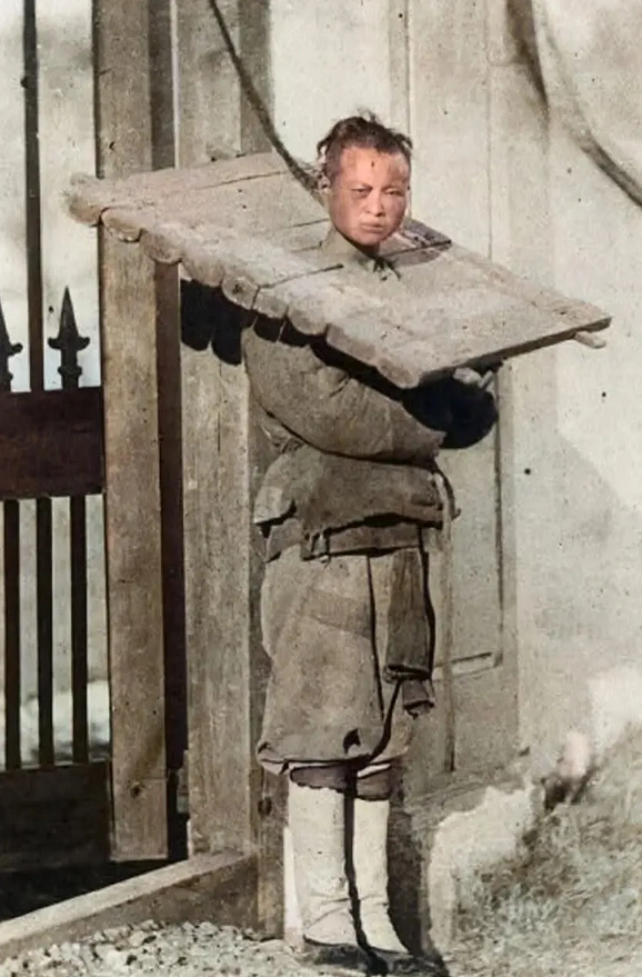 这张照片拍摄于1872年，大清监狱里的一名囚犯，面对镜头，他表情木讷。狱卒为了防
