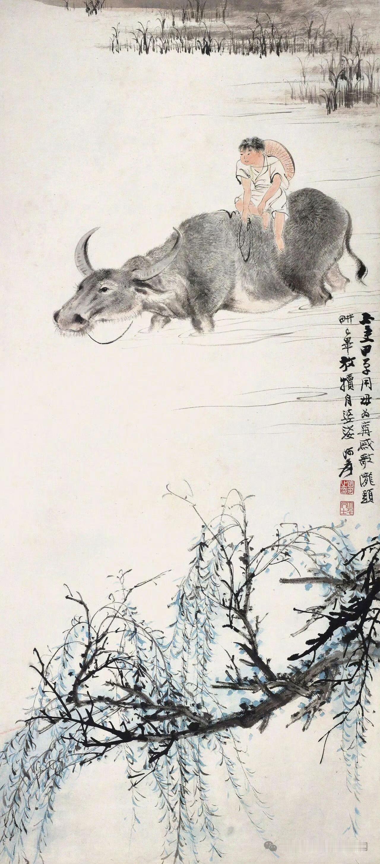 张大千《牧牛》赏析钤印：张爰之印、大千居士张大千曾作《放犊》五绝一首，诗云