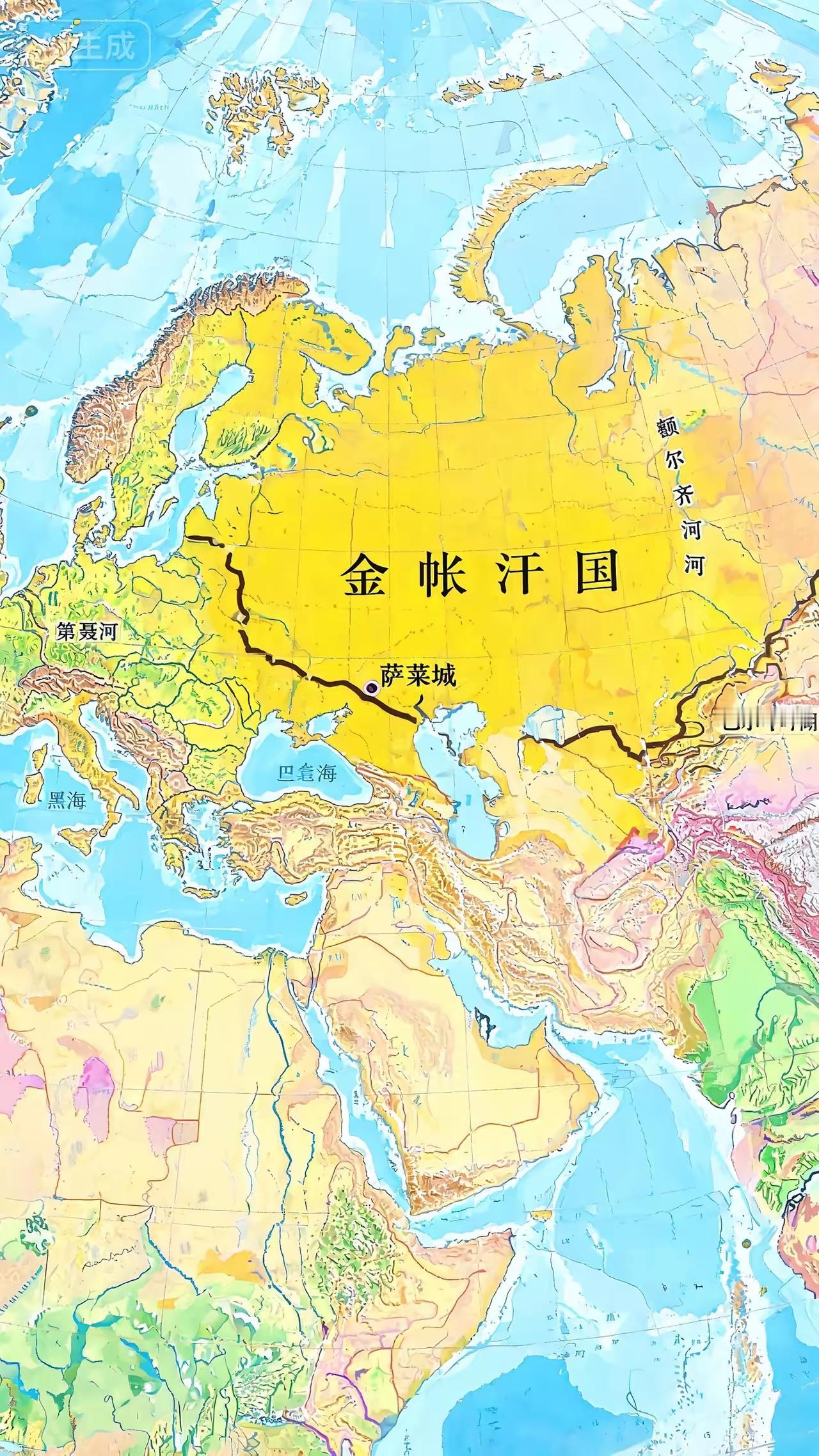 金帐汗国鼎盛时疆域横跨东欧至中亚草原，西起多瑙河、东至额尔齐斯河，南抵高加索与黑