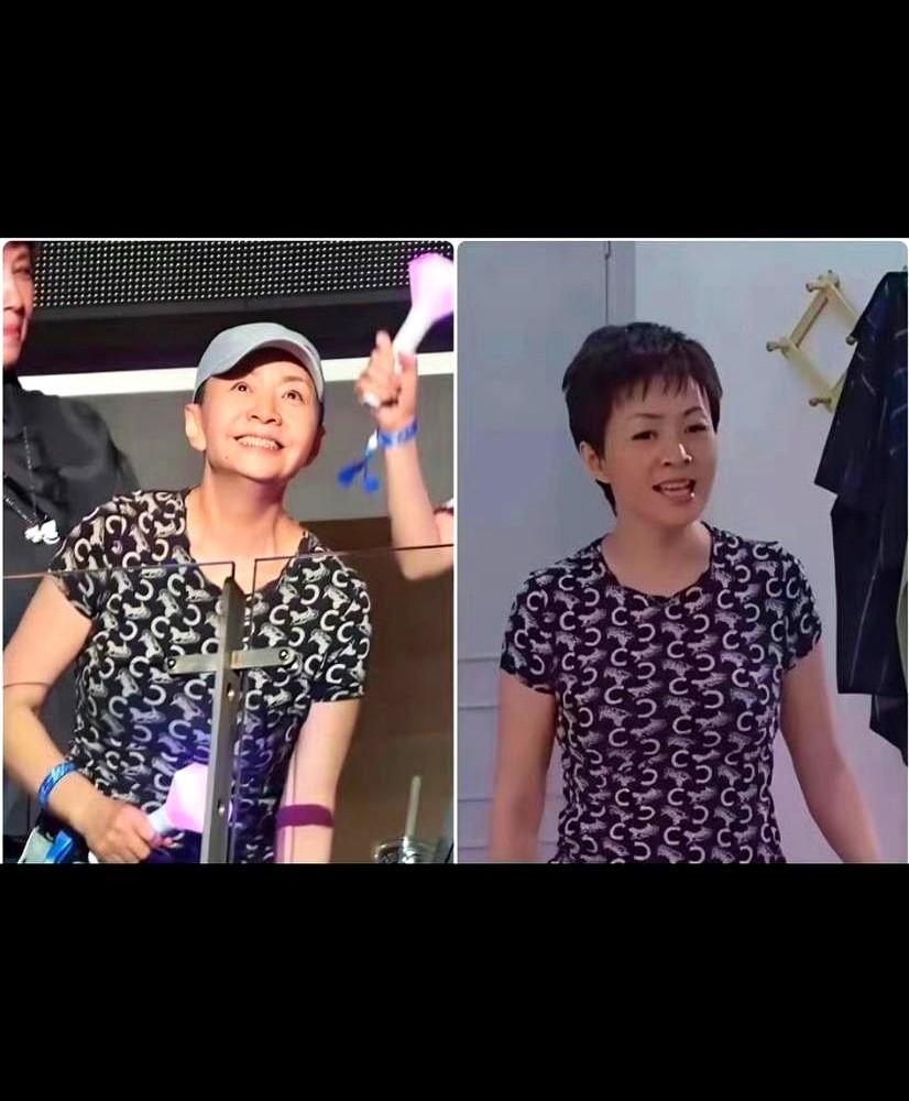 领口都洗发白了，宋丹丹硬是把这件旧短袖穿上了镜头前。眼尖的人扒出这件不起眼的