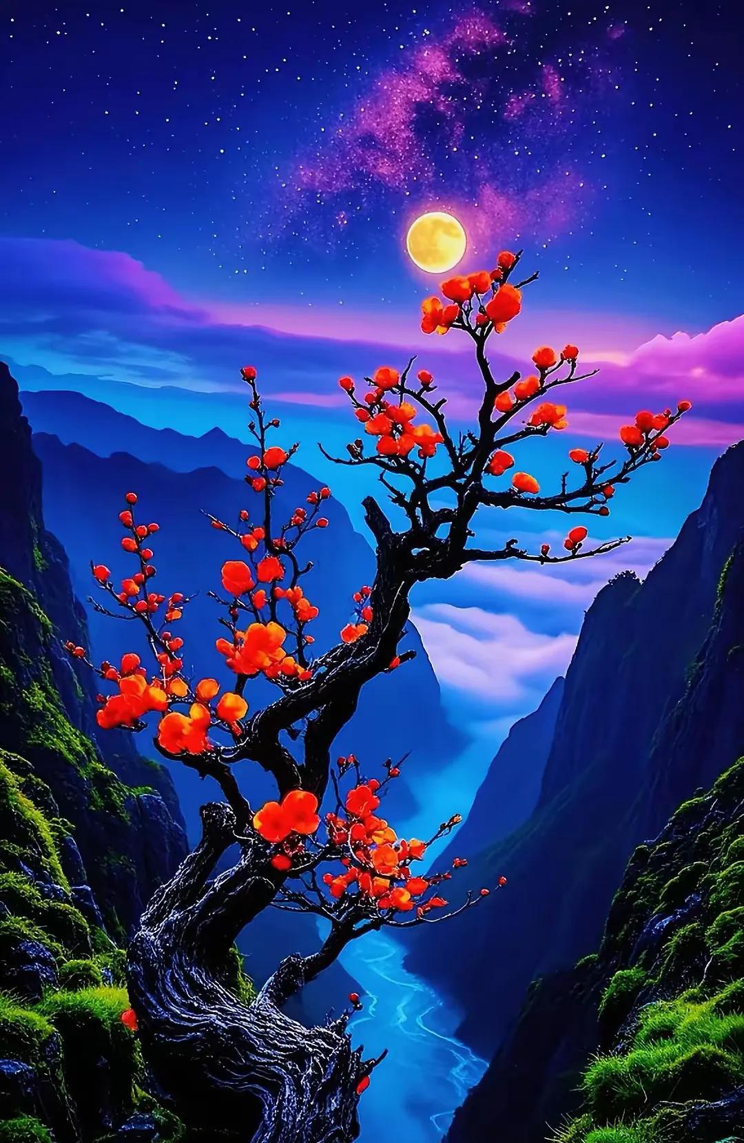 五绝·夜梅望月文/方立新望月夜梅红，虯枝沐晚风。幽山云水漫，梦幻满星空