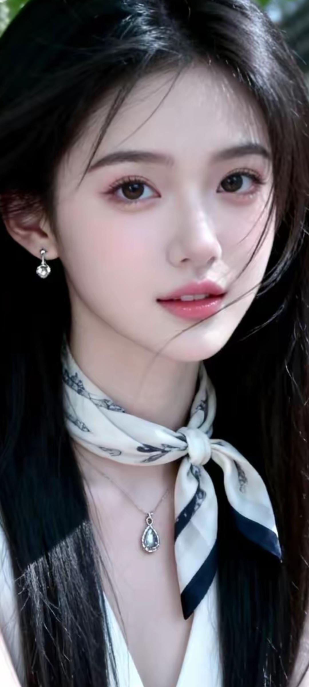 优雅黑发少女，清新自然妆容，时尚项链点缀，散发迷人魅力。