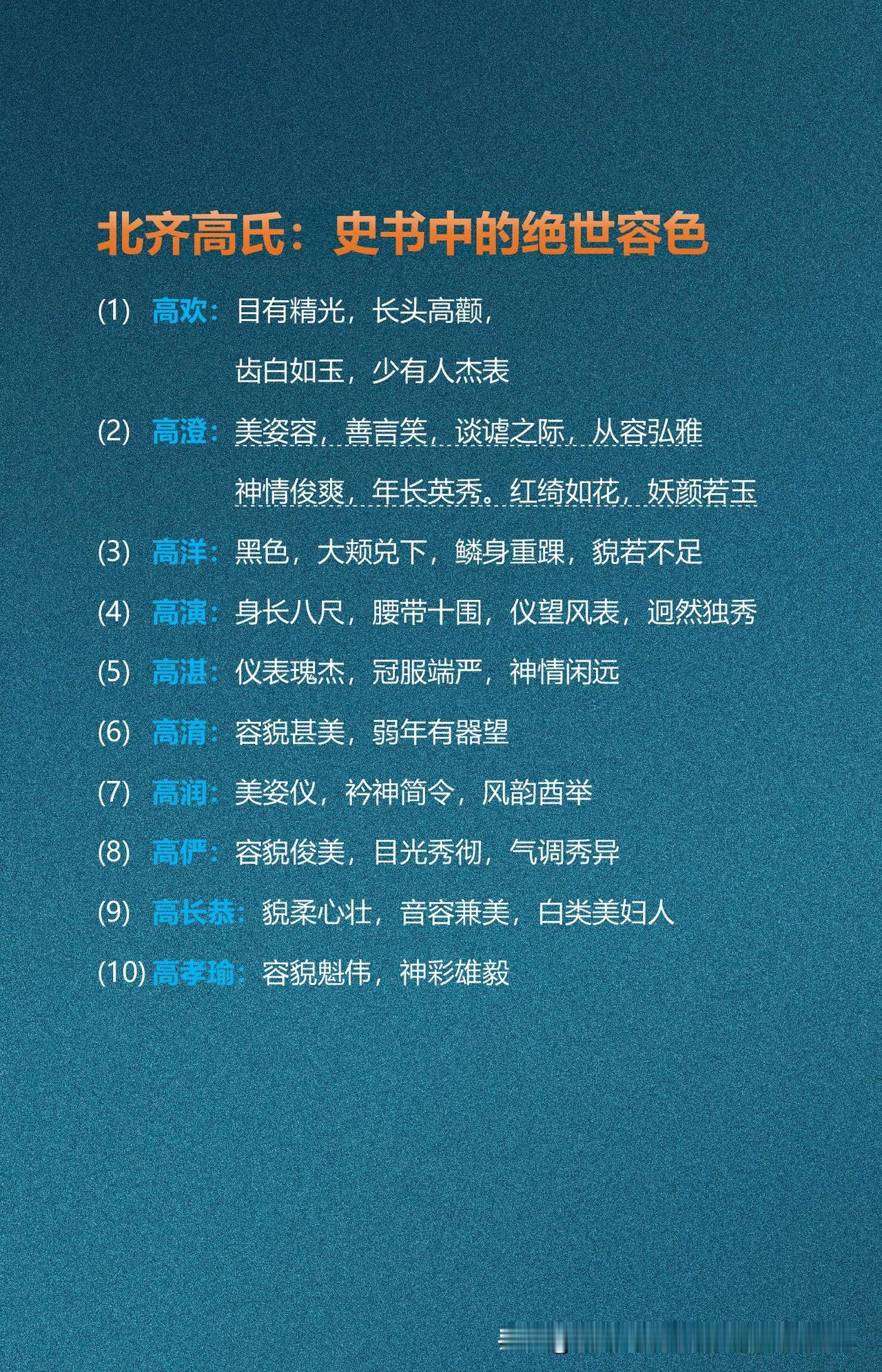 北齐高氏：史书中的绝世容色北齐高氏一族在史书中多容貌出众，大多仪表俊美、身形
