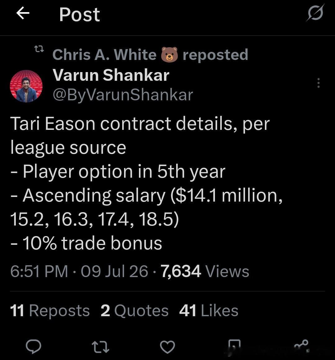 Shankar:据联盟消息人士透露，塔里·伊森合同的具体细节如下：第5年为球员