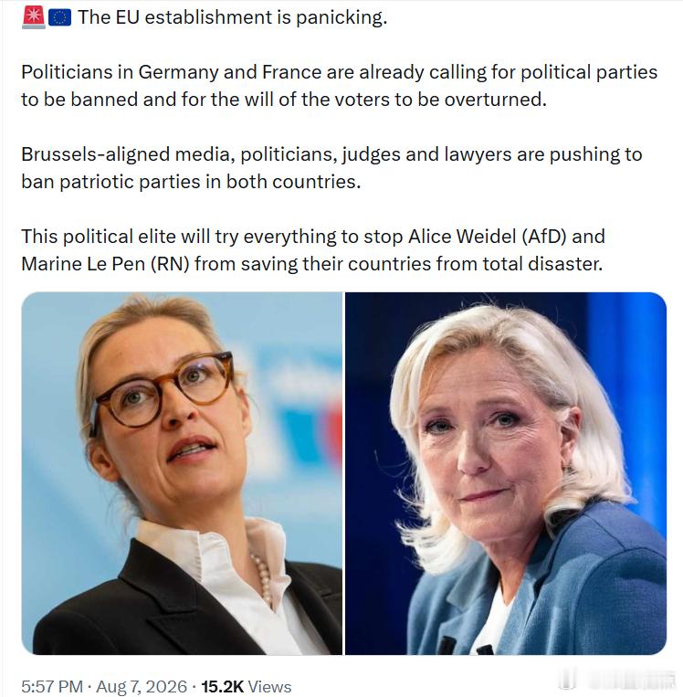 欧盟左派正在陷入恐慌。德国和法国的政客已经开始呼吁取缔政党，并推翻选民的意愿。与