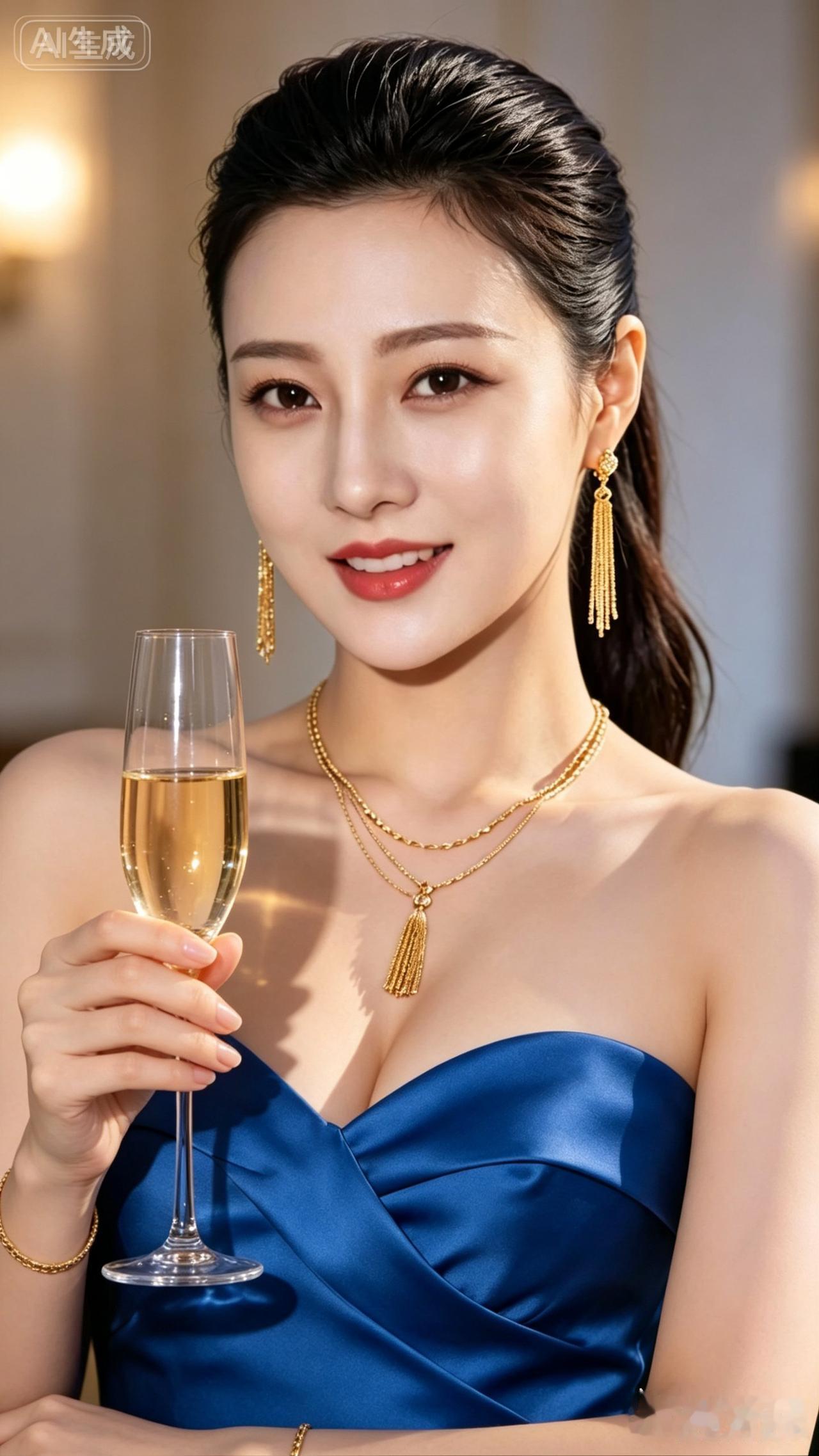 美女穿着蓝色礼服，举杯微笑。