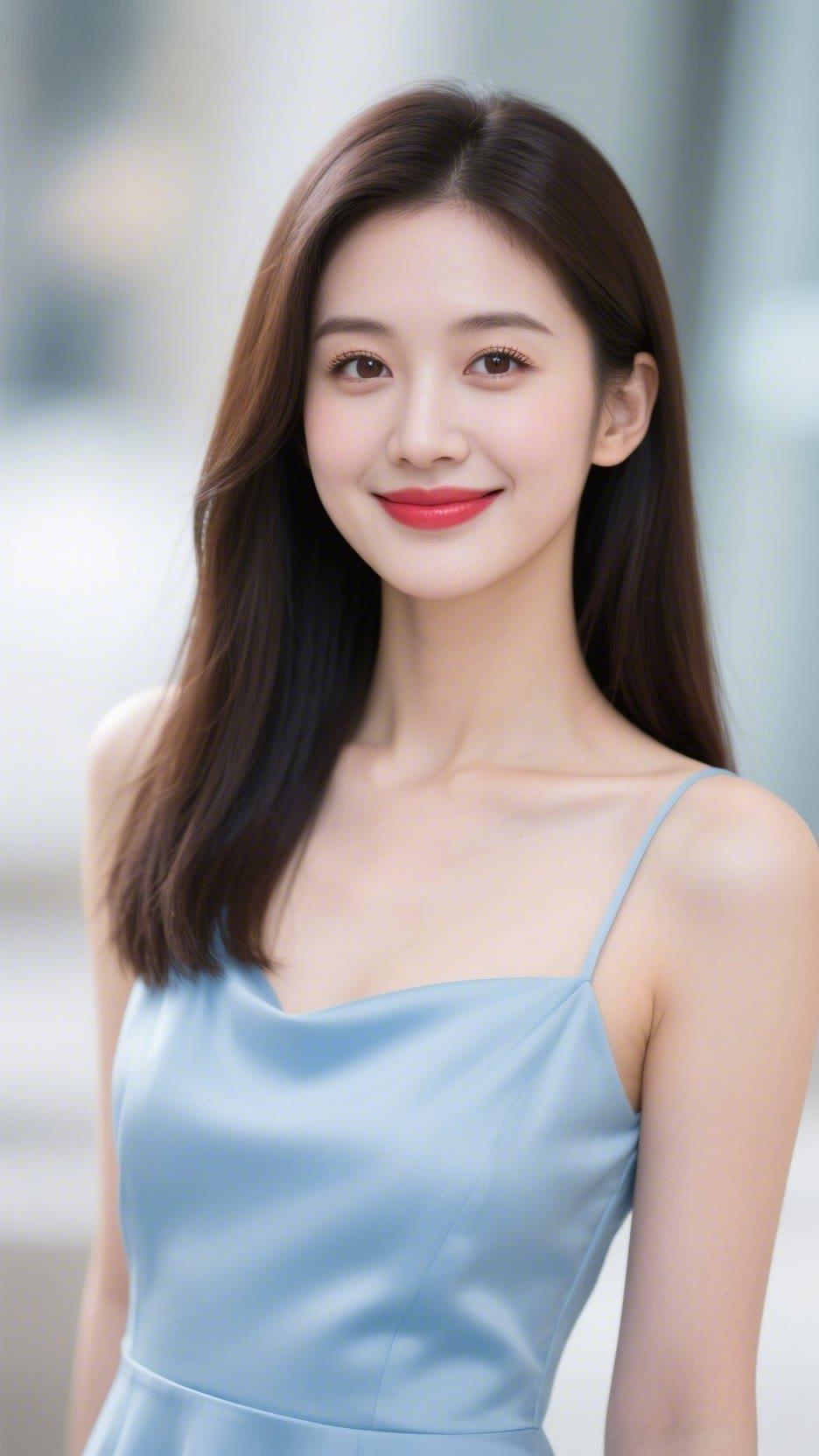 甜美可人的邻家女孩，温柔微笑，浅蓝色连衣裙，清新自然。