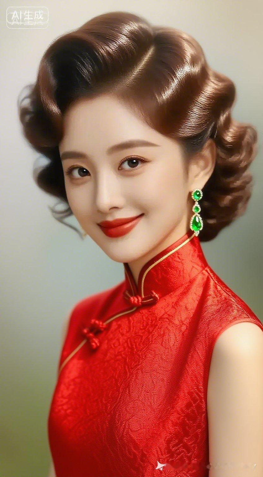 这位女士穿着红色旗袍，妆容精致。