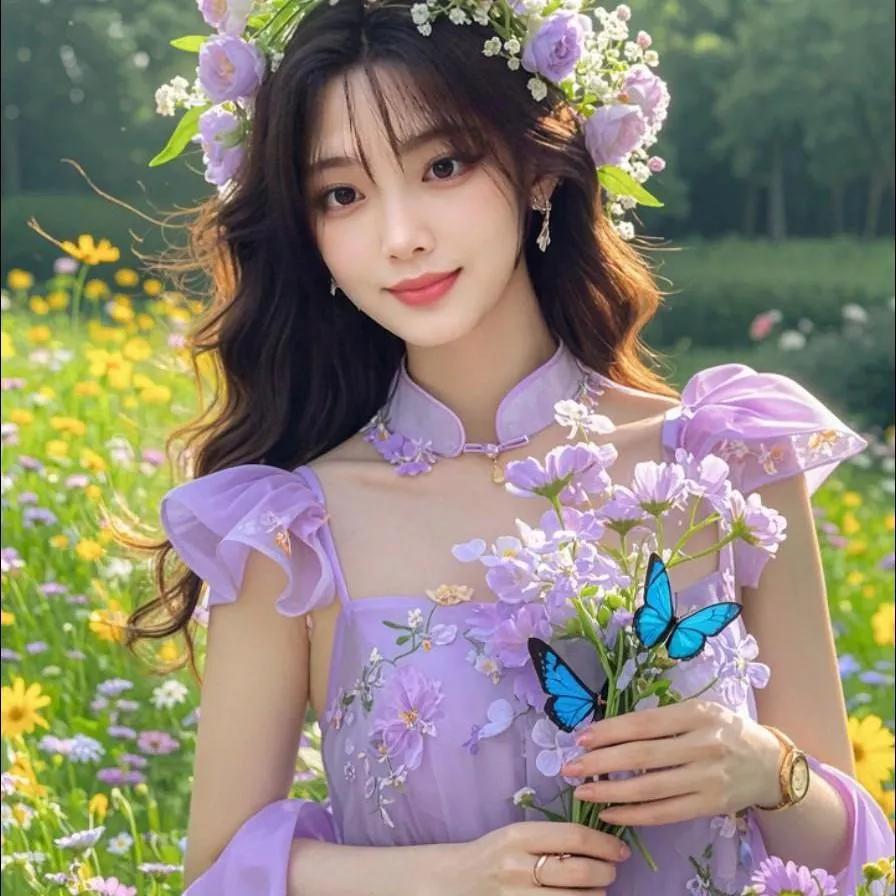 梦幻花海中的仙子，手持蝴蝶，花香满溢！紫色花海女神花海小仙女蝶花梦幻照梦幻