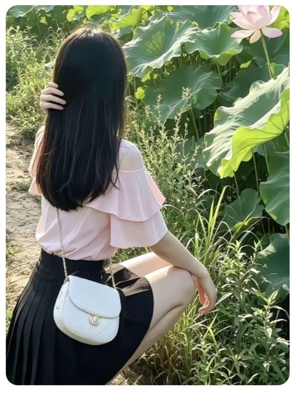 赏花池塘河边观风景。美女就在荷花池。欣赏荷花看美景，远处风光无限好，近看一下荷