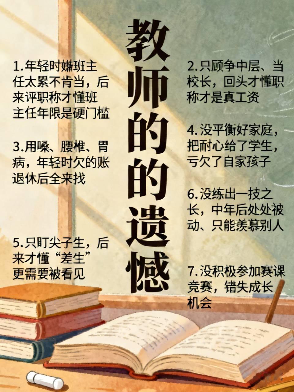 教师最大的遗憾有8个，来看看自己有没有：1.年轻时嫌班主任太累不肯当，后来