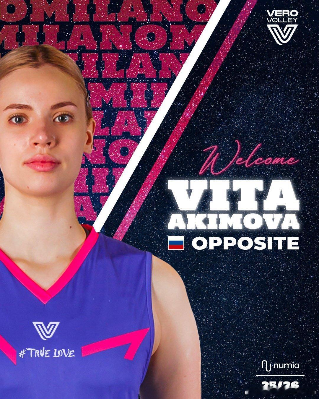 🟣米兰女排俱乐部官宣，俄罗斯接应维塔.阿基莫娃的加盟。此消息表明，她应该可以