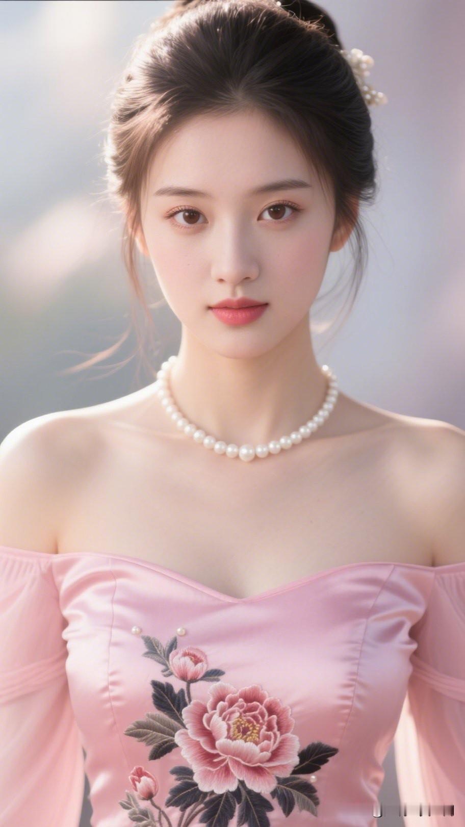 温柔粉裙少女，珍珠项链点缀，宛如画中仙子。用镜头留下最美瞬间