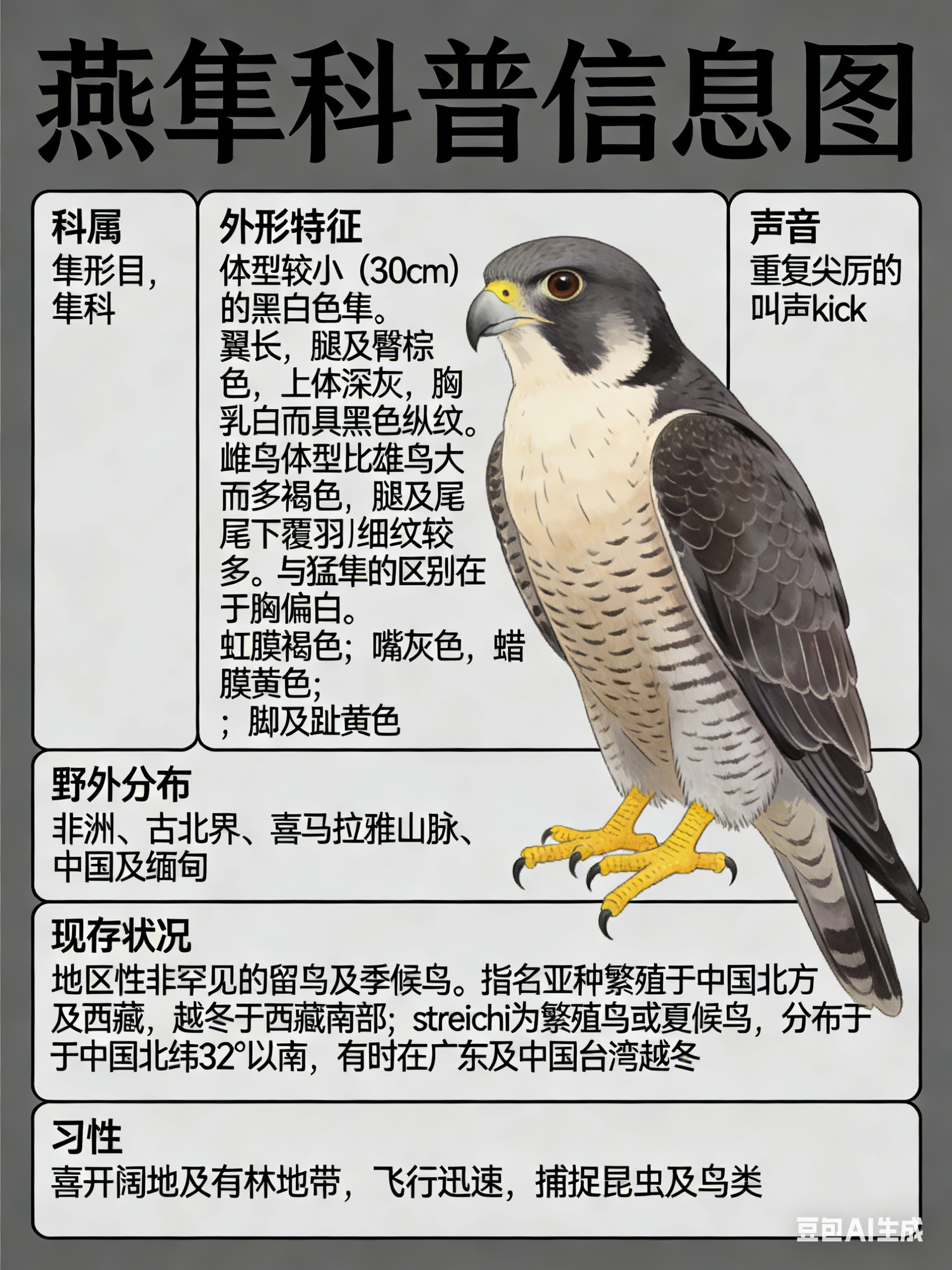 鸟类朋友图鉴燕隼·科属：隼形目，隼科。·外形特征：体型较小（30cm）的黑白色