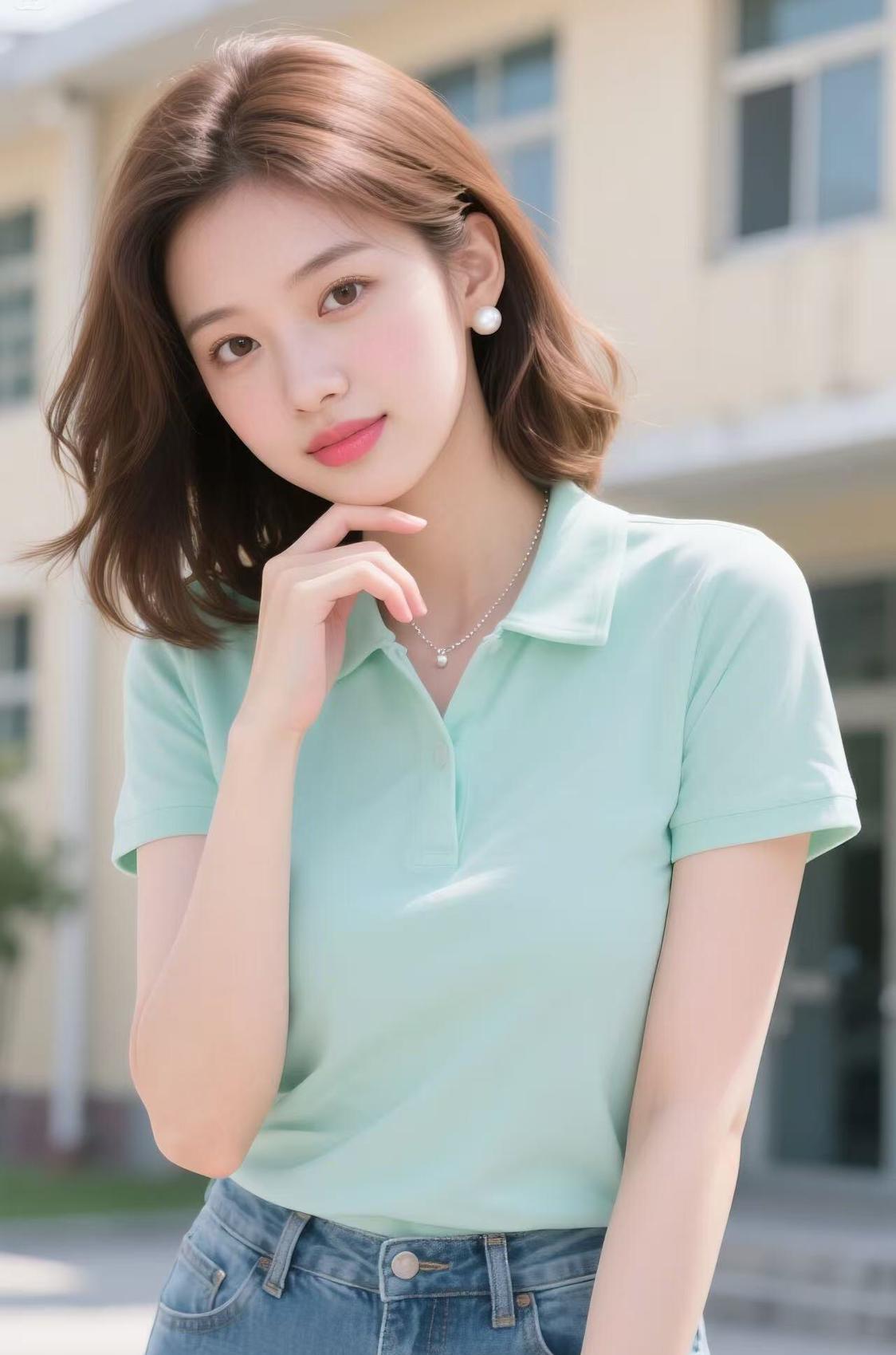 清新少女风，浅绿色上衣搭配牛仔裤，自然又时尚！