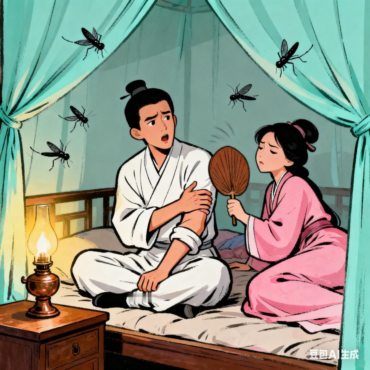古代夫妻搞笑段子一日夜里，书生被蚊子叮得睡不着，推醒妻子：“娘子，汝闻帐外