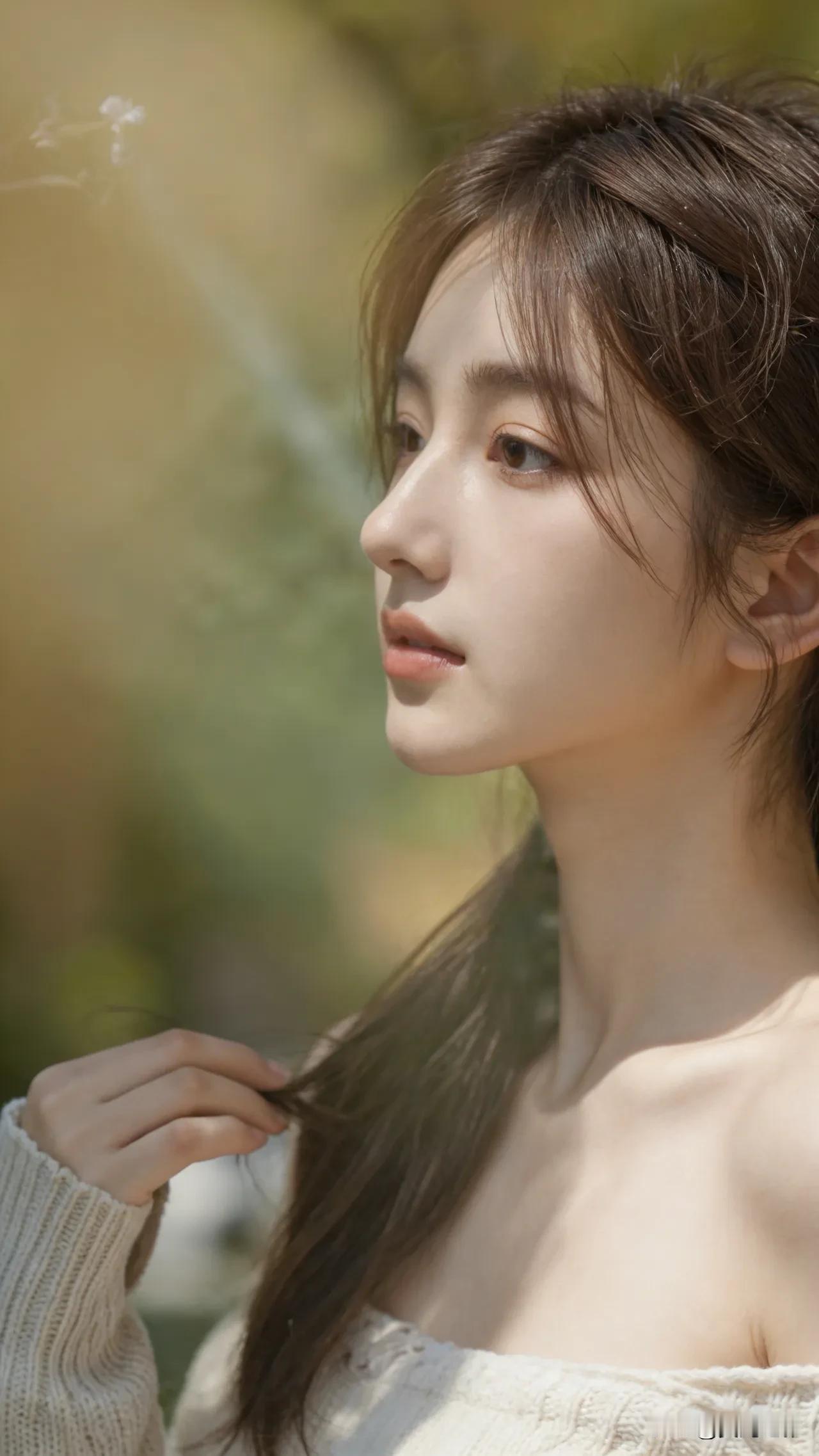 光之影&AI阳光洒落，温柔少女，轻抚发丝，岁月静好。温柔美少女阳光白裙少女