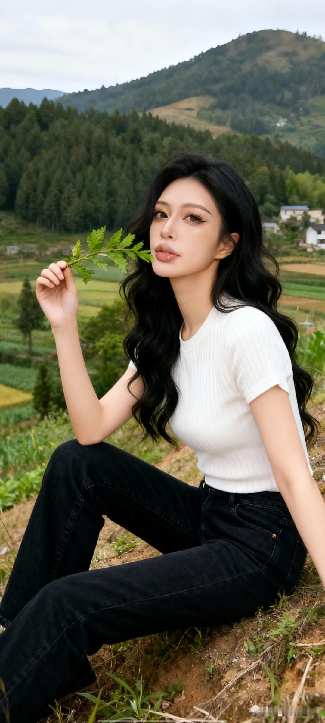 一位漂亮的美女，留着黑色长发，身着白色色上衣，黑色牛仔裤，佩戴手表，在户外山野田