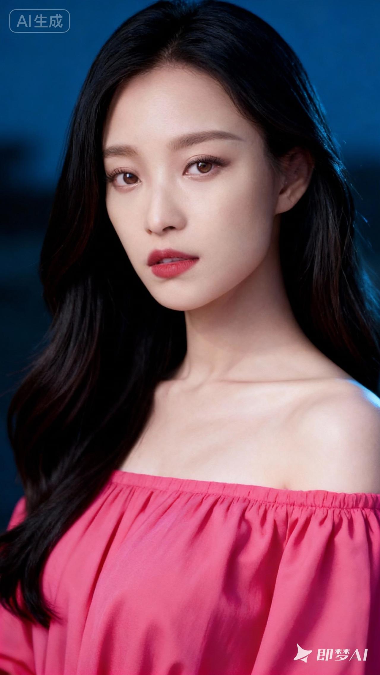 甜美粉裙少女，梦幻蓝调背景