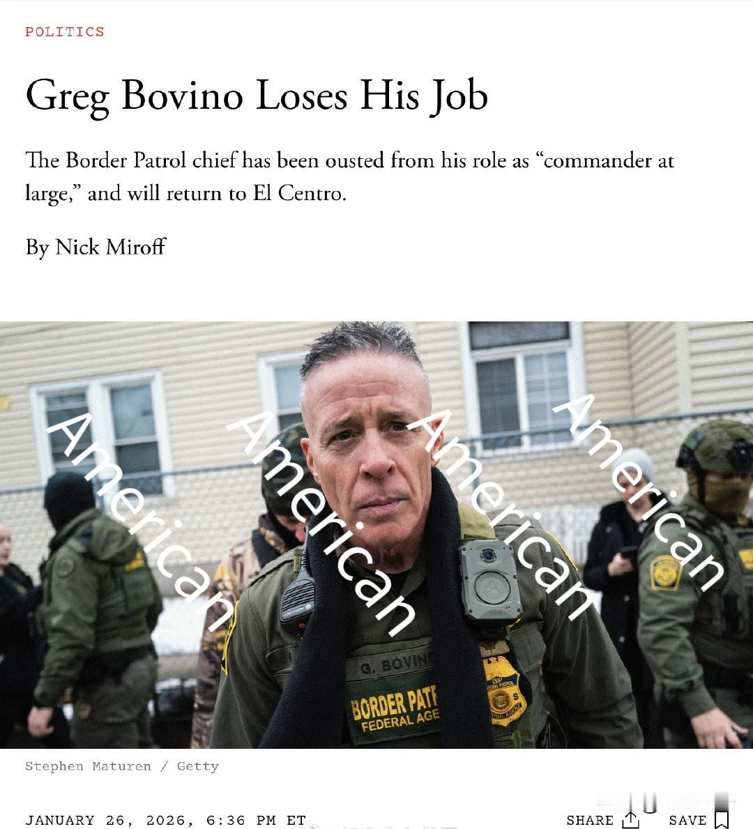 亚历克斯.普雷蒂被ICE当街枪杀后，边境巡逻队指挥官博维诺被撤职，预计将很快退休