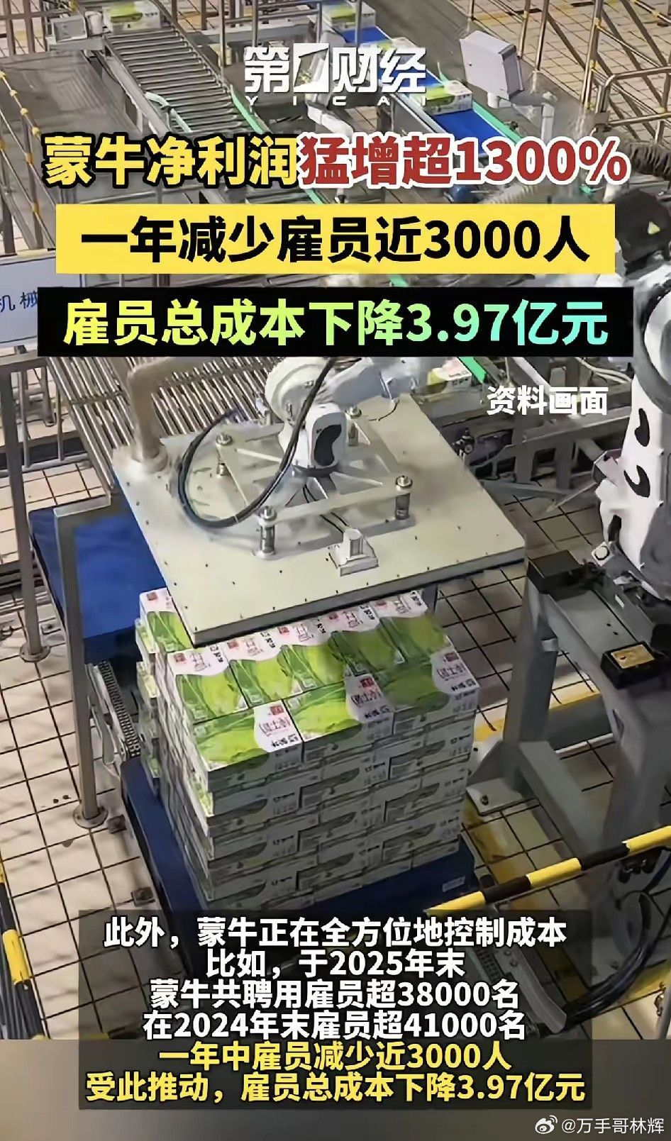 蒙牛净利润暴增1300%，一年减少雇员近3000人，雇选总成本下降3.97亿元！