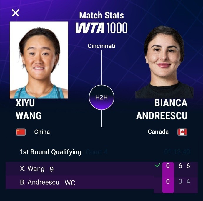 王曦雨2-0安德莱斯库, 晋级WTA1000辛辛那提站资格赛决胜轮