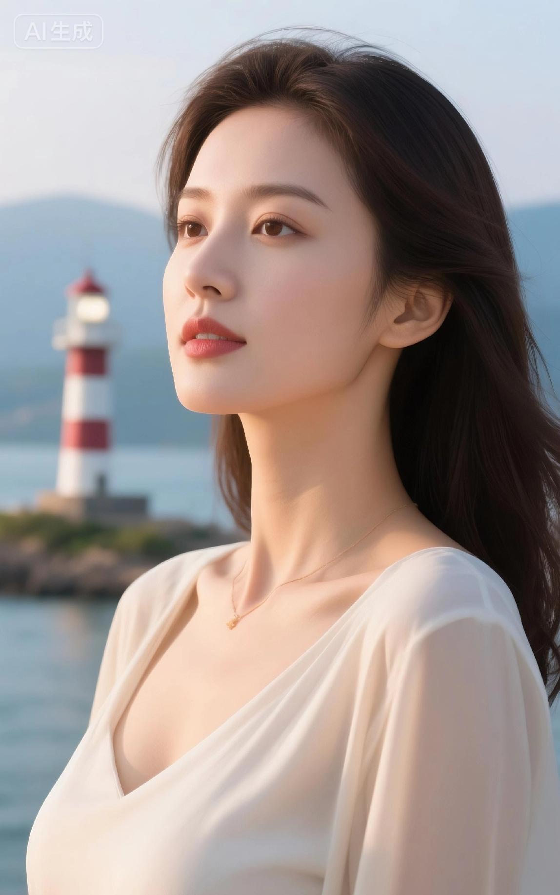  她亭亭玉立，在暮色里，静得像被浪吻过的沙，眼波盛着半片海的粼光，黑裙垂落时～～