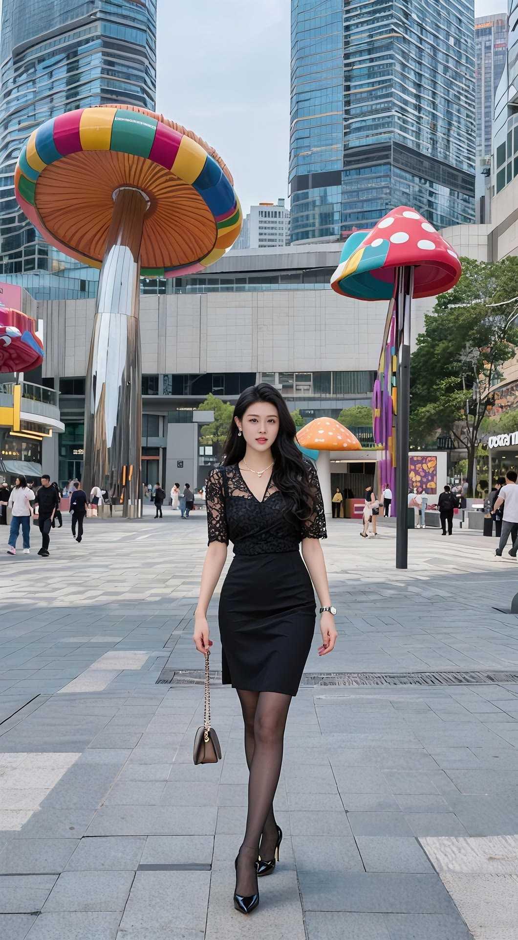 黑蕾丝的精致，是藏不住的优雅信号。V领与包臀裙勾勒出恰到好处的线条，黑丝与尖头高