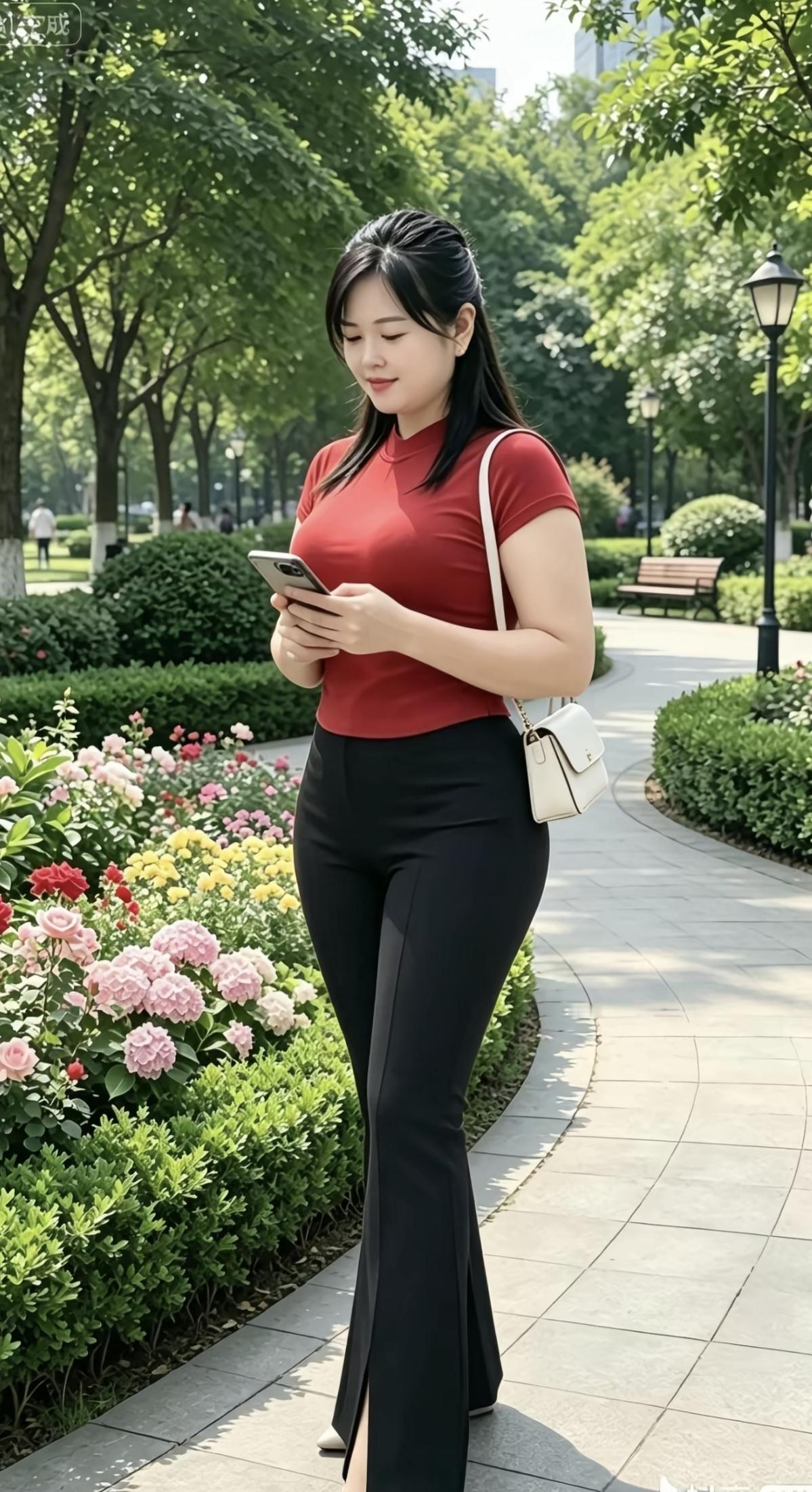 红裙佳人倚树影，手机轻触笑如花。