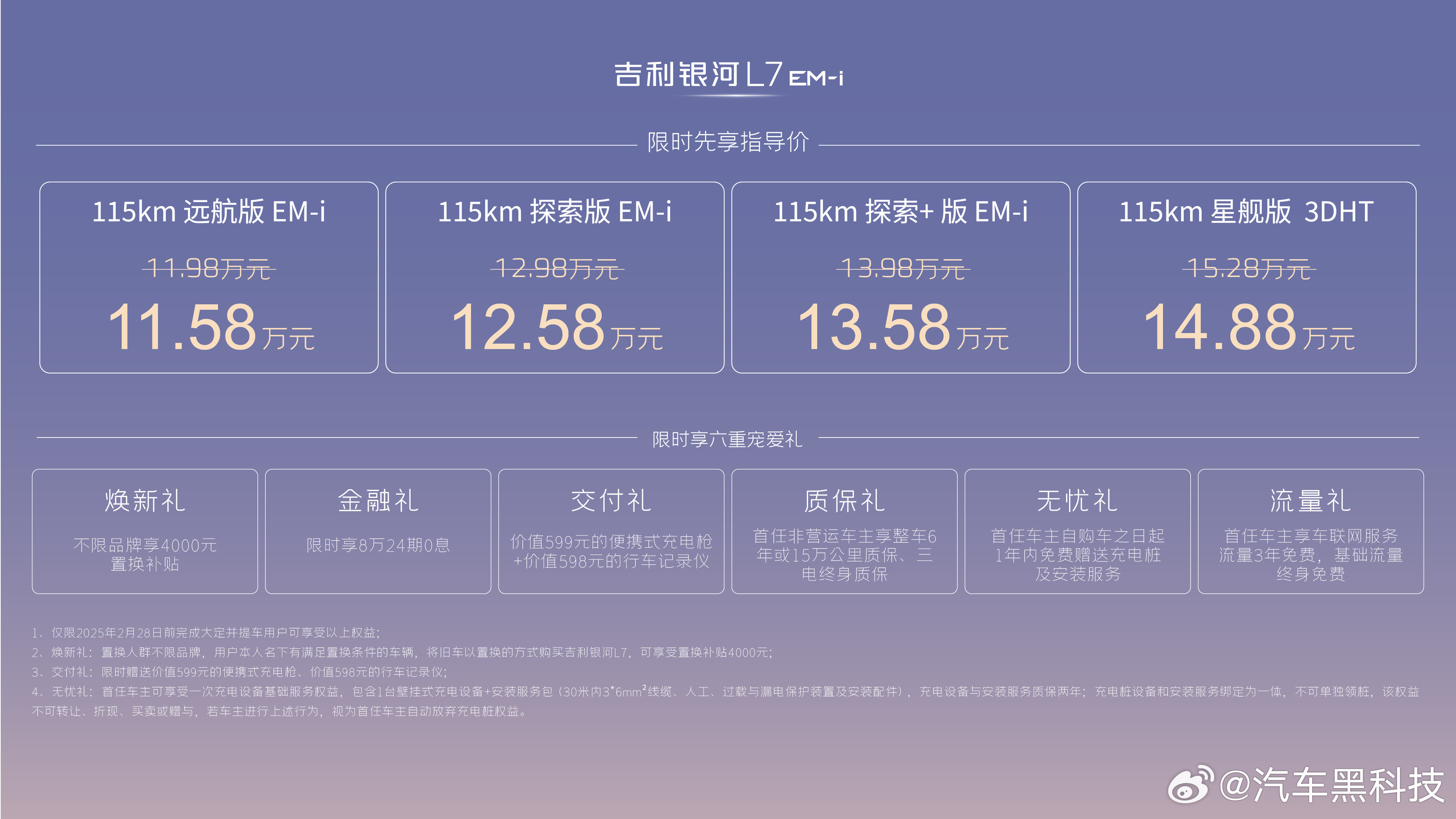 吉利银河L7EMi先享价11.58万起2月14日，吉利银河旗下首款SUV——