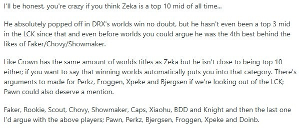 Scout回归LCK后外网争论中单TOP10: Zeka历史前10那你就是疯了