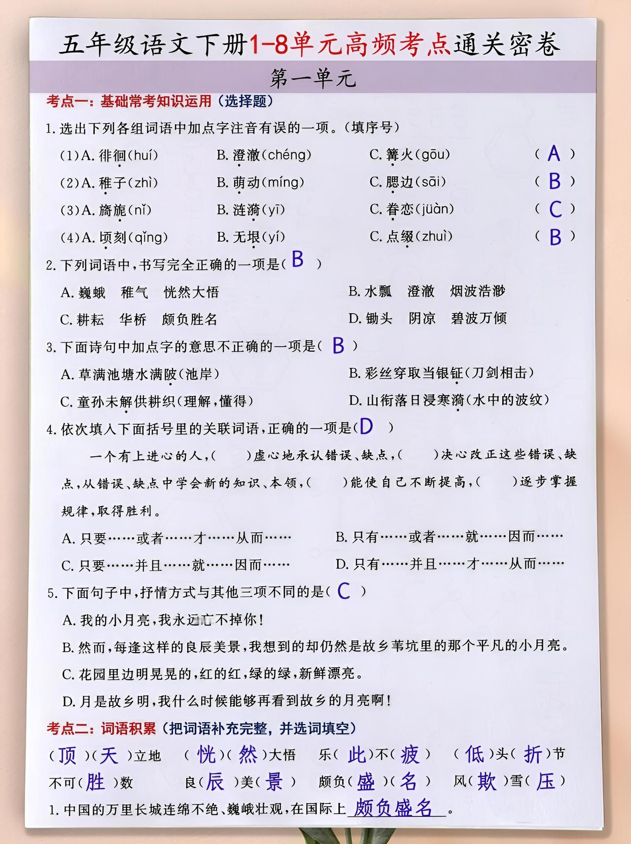 五年级下册语文期末复习期末考试高频考点