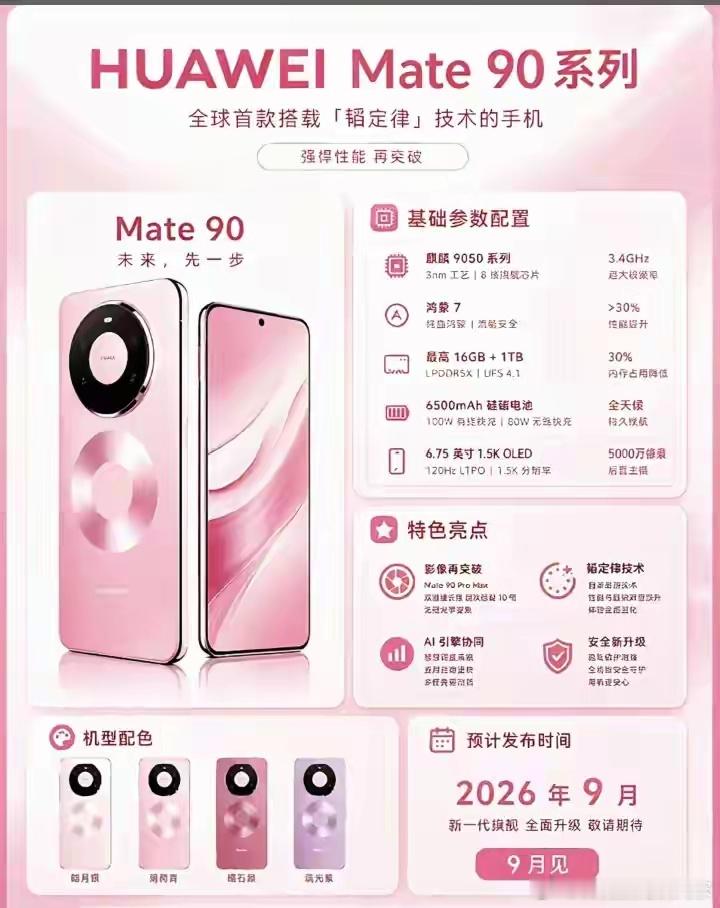 华为Mate90标准版参数出来了，预计9月就要发布。处理器上麒麟9050，网传3