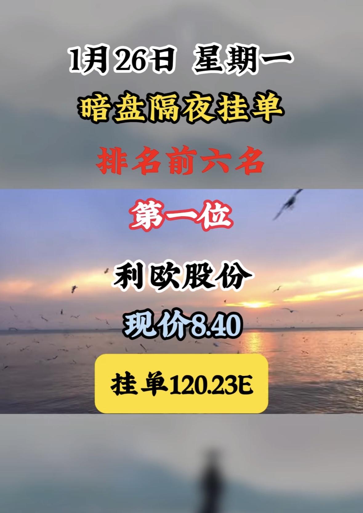 1月26日暗盘隔夜挂单，岩山科技现价10.5，挂单79.83E，第六名！利欧