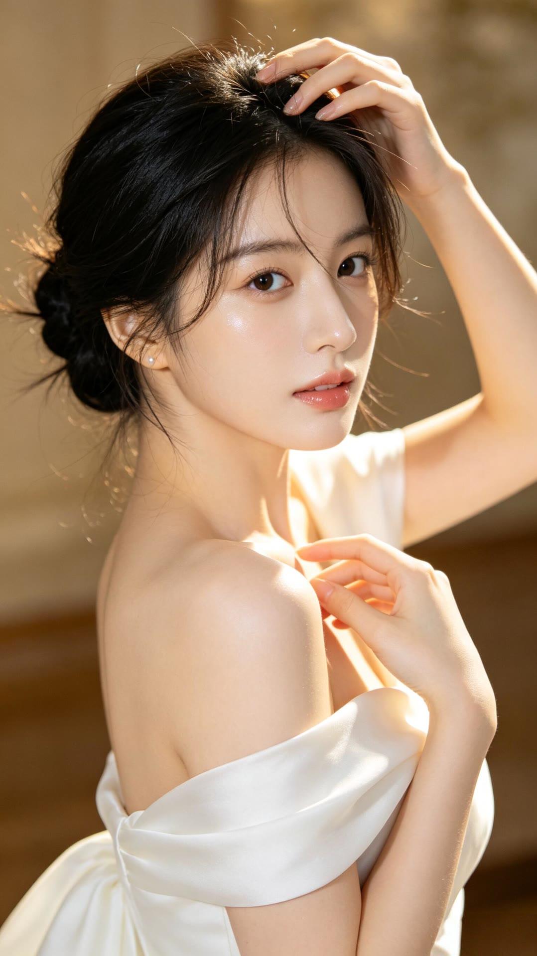 优雅黑发少女，轻抚发丝，柔美动人
