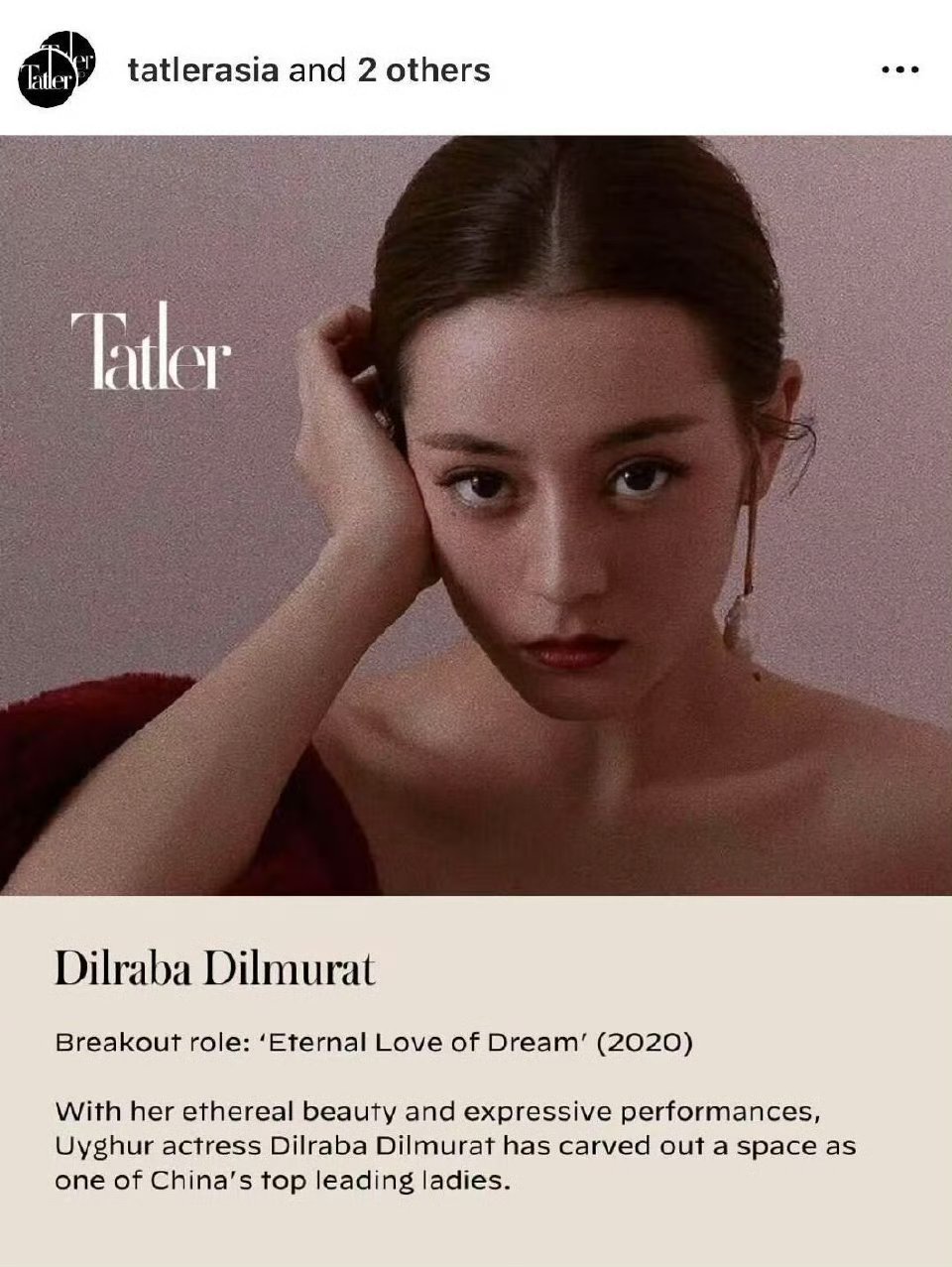 “凭借其超凡脱俗的美貌和富有表现力的表演，维吾尔族女演员迪丽热巴在中国顶级女主角