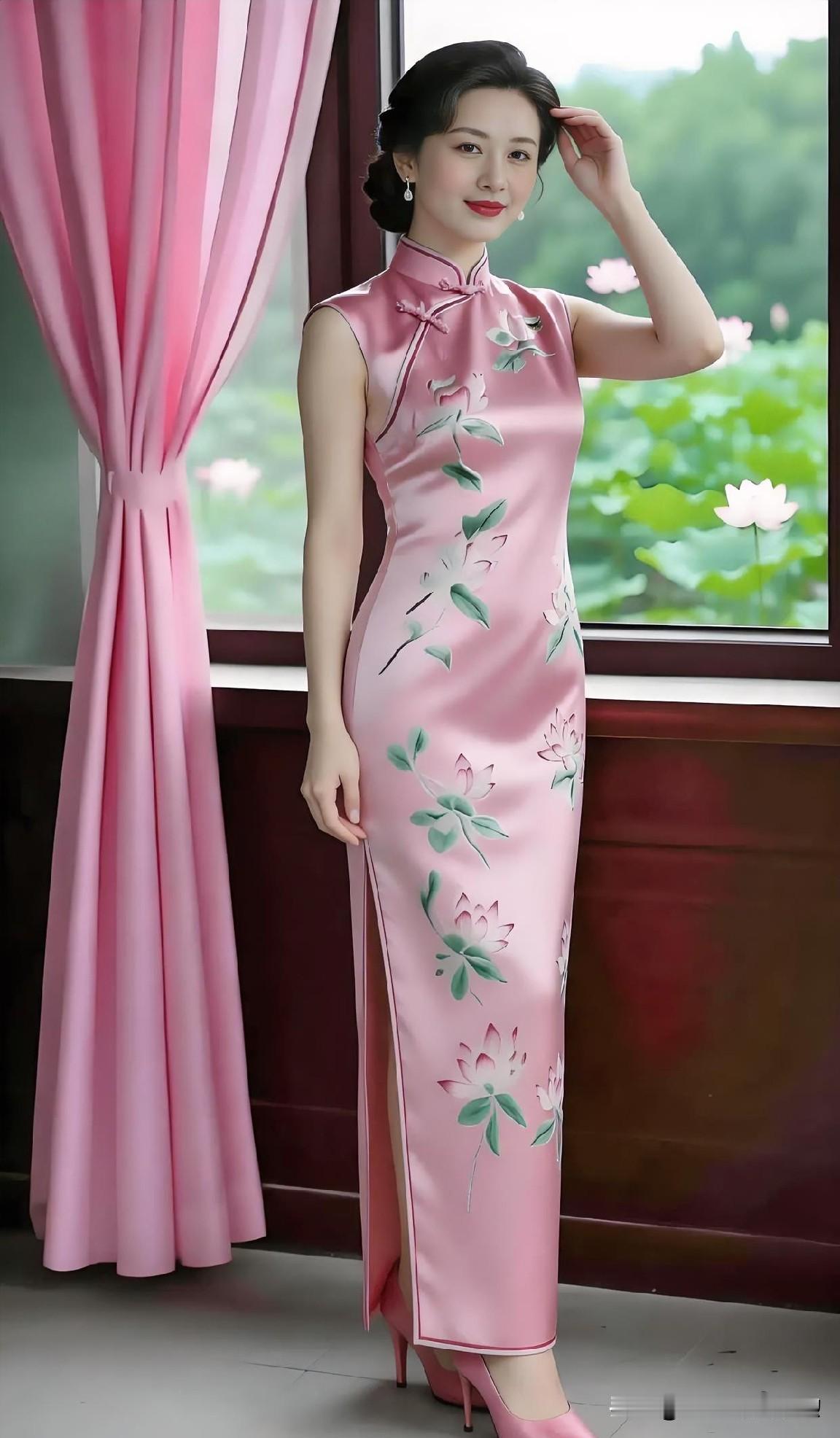 粉黛旗袍绘荷韵，窗纱轻挽绿意深。玉立亭亭姿，眉眼含春韵，将江南的婉约与东方的雅致
