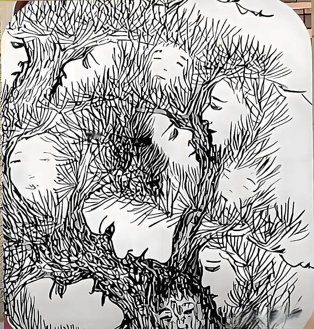 一棵树的图案中，画有多张脸。你能看出图中有多少张脸，就能测出你的心理年龄如何？