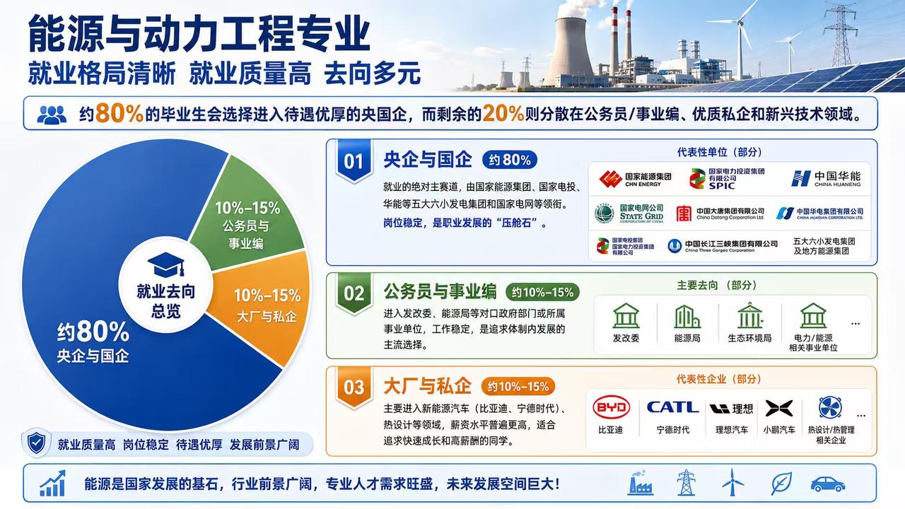 能源与动力工程专业就业格局清晰、质量高、去向多元。约80%毕业生进入国家能源