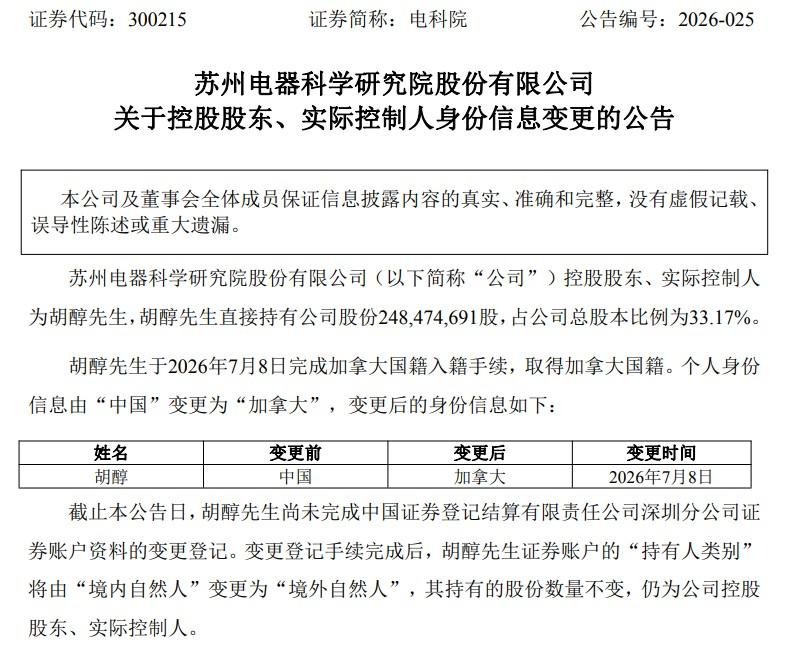 电科院实控人变更加拿大籍！关键安全企业“实控外籍化”引深思近期一则极易被忽